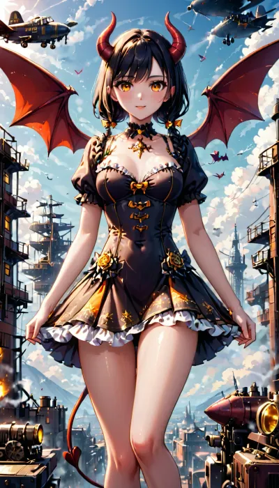 Anastasia, a 25-year-old natural beauty with a slim, athletic body and white succubus wings on her back, was the cover girl for the steampunk city panorama. Her steampunk technology skills were showcased in