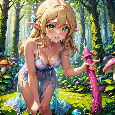 25 세의 흰색 금발 여성 엘프 공주 체육관 몸과 짧은 cleavage는 그녀가 그들을 위해 도달 한대로 지상에 마술 버섯에 의해 mesmerized
