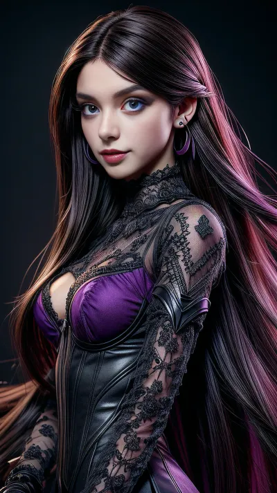 Portredeki kız büyük bir lace overlay ile bağdaştırıyor, neredeyse 3D etkisi yaratıyor. Saçları yüksek bir ponytail tarzında dekore edilir ve karanlık violet lace iç içe sahiptir. Parlak mavi gözleri mükemmel