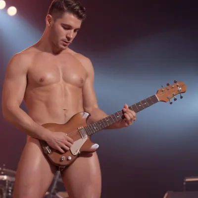 舞台上那个热身裸体的家伙 用他非常详细和现实的摄影现实主义形象演奏吉他,是一目了然。 他非常详细和现实的文字"4k美丽的体积照明"为画面增加了一层现实主义,