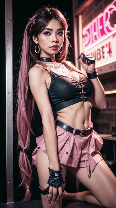 The photo shows a Filipina prostitute in a tube top, choker, and skirt. She has big eyes and dim background. Her hair is braided with neon highlights. She has multiple freckles on her nose and cheeks. Her