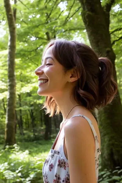 A woman in a light summer dress strolls through a lush forest, her brown hair flowing gently in the breeze. She is relaxed and at ease, enjoying the natural beauty around her