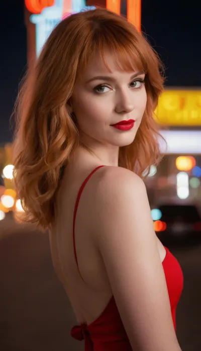 A stunning young woman in Las Vegas, enjoying the bright neon lights of the city at night during a wild evening of partying. Her voluptuous features showcased in a classic Hasselblad 503CX medium format camera paired with a vintage