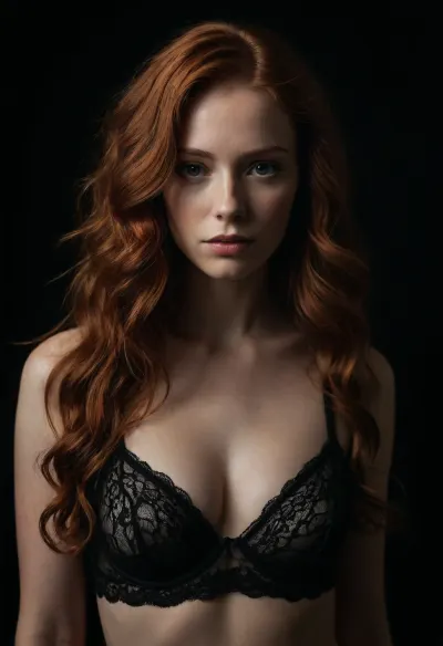 The young woman in the black lingerie set and standing in front of a black background, wearing a lacy black lingerie set with sensual expression on her face, creating a dramatic effect