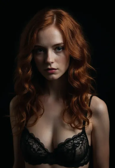 The young woman in the portrait is wearing lacy black lingerie and standing in front of a black background, creating a dramatic effect. Her hair is styled in loose waves and falls over her shoulders, creating a sensual mood