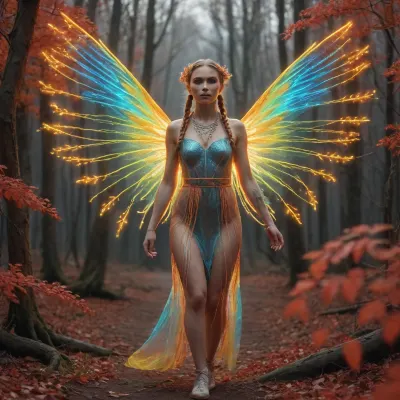 The AI generated a picture of a Slavic woman in full-length neon branches of a bard mountain ash, neon braids, transparent wings, psychedelic, dynamic pose, fashion style. The image was generated with 4k resolution and Half-
