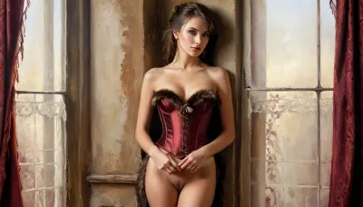 a full body oil on canvas painting, of a beautiful 30yr brunette woman with fringe hair, anorexic woman in a red corset and a fur shawl, standing by a vintage window with rich burgundy and gold tones in a dimly lit, romantic atmosphere, showcasing smooth skin, curvy shapes, and detailed textures. an oil on canvas painting, contest winner, figurative art, young woman with long dark, in style of Luis Royo, an airbrush abstract figurative art, <lora:flat_chested_v3.5:.5>, <lora:tan-lines-xl-v1:.5>, <lora:oil painting:.5>, <lora:xl_more_art-full_v1:.5>