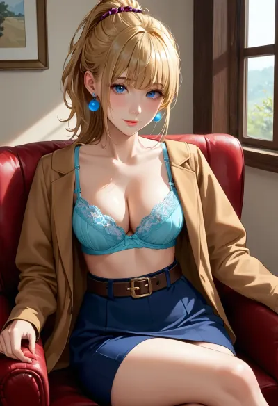 1girl, breasts, blonde_hair, cleavage, blue_eyes, solo, sitting, bra, underwear, earrings, jewelry, large_breasts, thighs, looking_at_viewer, long_hair, skirt, belt, window, indoors, chair, ponytail, crossed_legs, black_bra, closed_mouth, collarbone, blush, bra_peek, high_ponytail, bangs, jacket, long_sleeves, brown_belt, smile, lace-trimmed_bra, blue_skirt, high-waist_skirt