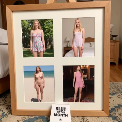 four pictures in two rows in a wooden frame, of a young Norwegian, slim, woman, with blonde hair, facing the viewer. On the first picture on the top left she wears a, (floral summerdress), standing in a garden . On the second picture on the top right she wears, (girly pajamas), standing in a bedroom. On the third picture on the bottom left she is completely naked, nude, standing at a beach. On the fourth picture she wears a, (pink see-thru dress), (pink transparent dress), standing in a nightclub. At the frame is a sign with text "SLUT OF THE MONTH".