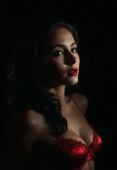 La jeune femme sur la photo porte un soutien-gorge et une culotte en dentelle noire, avec ses longs cheveux en cascade sur ses épaules. Elle se maquille très bien, mettant l'accent sur ses lèvres sensuelles et son regard sordide. L'éclairage dans la pièce est faible,