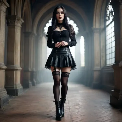 Gothic girl, boots, skirt, cum in mouth, stockings