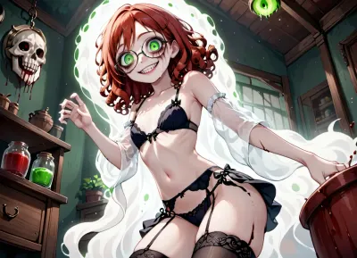 1girl, solo, glasses, (red curly hair), redhead, shiny pale skin, green eyes, (crazy), smile, (((large tits, skinny))), (transparent black lingerie), kitchen, asymmetrical stockings, (((from below))), from side, (((petite))), (((body covered in blood, horror))), cold, noticed you, ((ghost pose)), dirty, void, dynamic pose, garter belt, black background, pot, skull, spooky, lips, alchemy, glowing jars, (witch), (grayscale), ruined makeup, (((young))), (((slim))), yandere, (((detailed fabric))), bloodbath, <lora:princess_xl_v2:.4>