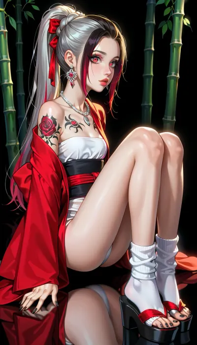 Very long hair ponytail, (Short Textured Haircut), (ruby Rose Hairstyle), (oval shape head), (round head), (feminine belly), (high cheekbones), (beautiful face), (strong jawline), (Beautiful glowing red eyes), (almond-shaped eyes), (long lashes), (tin eyebrows), ((full lips), (170cm high), ((slim body)), (dark nails), (silver necklaces and earrings), (tattoos), (tattoos 10% body), (small breasts), (perky breasts), (small ass), (round ass), (firm ass), (toned legs), (lean legs), (feminine legs), (well-defined feet)), kamado, nezuko, black, hair, pink, eyes, magenta, pupils, ribbon, two-tone, nezukob, purple, white, nezukoc, solid, circle, parody, kimono, haori, asa, no, ha, (pattern\), checkered, obi, leg, warmers, socks, sandals, bamboo, bit, gag, <lora:add-detail-xl:2>, <lora:Colorful Hair Slider_alpha1.0_rank4_noxattn_last:2>, <lora:loraeyesxl:2>, <lora:DetailedEyes_V3:2>, <lora:NezukoIllus:.5>