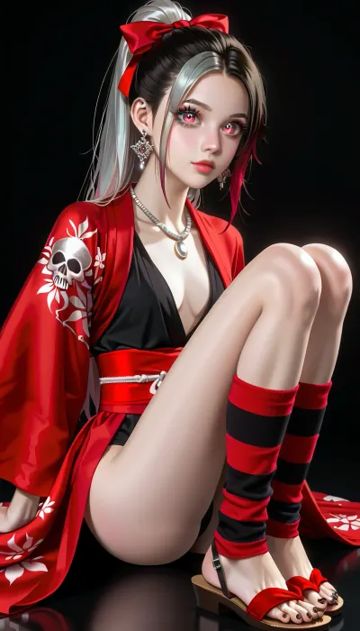 Very long hair ponytail, (Short Textured Haircut), (ruby Rose Hairstyle), (oval shape head), (round head), (feminine belly), (high cheekbones), (beautiful face), (strong jawline), (Beautiful glowing red eyes), (almond-shaped eyes), (long lashes), (tin eyebrows), ((full lips), (170cm high), ((slim body)), (dark nails), (silver necklaces and earrings), (tattoos), (tattoos 10% body), (small breasts), (perky breasts), (small ass), (round ass), (firm ass), (toned legs), (lean legs), (feminine legs), (well-defined feet)), kamado, nezuko, black, hair, pink, eyes, magenta, pupils, ribbon, two-tone, nezukob, purple, white, nezukoc, solid, circle, parody, kimono, haori, asa, no, ha, (pattern\), checkered, obi, leg, warmers, socks, sandals, <lora:add-detail-xl:2>, <lora:Colorful Hair Slider_alpha1.0_rank4_noxattn_last:2>, <lora:loraeyesxl:2>, <lora:DetailedEyes_V3:2>, <lora:NezukoIllus:1>, <lora:EnvyZoomSliderXL01:1>