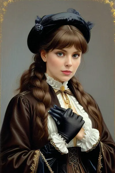 画面中的年轻女子穿着1880年代女性服装的最新时装,外衣装饰有毛皮和丝带. 她的外表很华丽 神秘 画肖像时有点悲伤