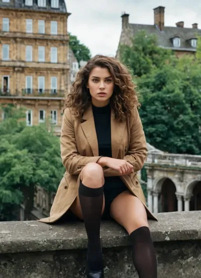 (looking at the viewer), (aggressive face), (legs widely spread apart), (very angry face expression), (((full body in frame))), (woman looks from top to bottom), (viewer looks from bottom to top), The photo shows a young woman standing on the street near an old building. She is wearing a brown jacket, black high-heeled shoes and black mesh socks. She leans forward with one foot on an elevated platform and rests her hand on her chin, looking directly at the camera. She has a serious expression on her face, and her long curly hair is loosely falling over her shoulders. In the background, you can see another old building and a lot of greenery growing densely around. The scene looks atmospheric, with elements of old architecture and lush vegetation.