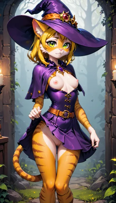 (masterpiece, best quality), female, feline, striped fur, yellow fur, small breasts, nipples, partially clothed, witch, witch hat, skirt lift, <lora:[STYLE]_personalami_v1:.9>
