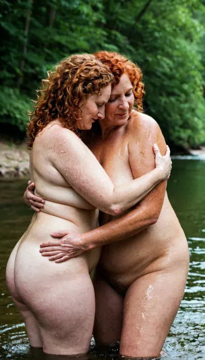 Lesbian sex. A, ((60 year old funny, fatty, saggy, very very hairy red curly woman)), and one young 18 year old Gay pressed close together, nude, shower, touching wach other, Grabing the boobs and Grabing the ass, rough sex from behind, biting wach other, blushed faces, extra Details, pokies, photorealistic, Focus, full Body, skin details, looking very realistic, wet sweaty skin, masterpiece. In the river, bottomheavy, big, huge, gigantic, thick, thighs, massive, LookAtMyAss, <lora:bottomheavy_v1_sdxl_tags:.5>, <lora:LookAtMyAss:1.1>
