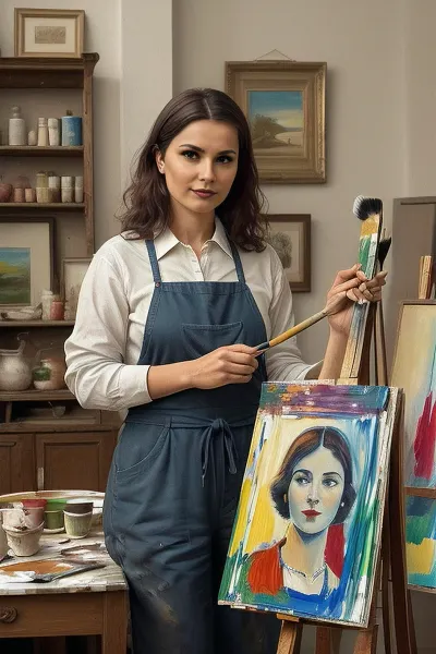 the artist, young woman, stands in front of Malbert, ((he holds a palette with paints and a brush in his hands)), paints a still life, (there is an unfinished still life on Malbert)