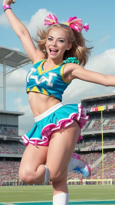 Create an image of a vibrant and energetic scene on a football pitch, featuring a femboy cheerleader in a dynamic pose. The cheerleader, dressed in a colorful and stylish cheerleading outfit, is performing a high kick with one leg straight up in the air. The outfit is designed with bold patterns and bright colors, capturing the spirit of cheerleading. The scene is set under a clear blue sky, with the green grass of the football pitch providing a lively backdrop. The cheerleader's expression is one of joy and confidence, embodying the excitement and energy of the moment. The overall mood is playful and spirited, celebrating individuality and self-expression.