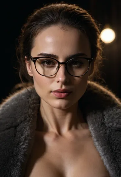 Heida Reed, dans ses lunettes givrées et ses fourrures, s'allonge sur l'image givrée avec une lumière douce. Elle regarda les ombres qui dansaient sur son nipslip et sourit