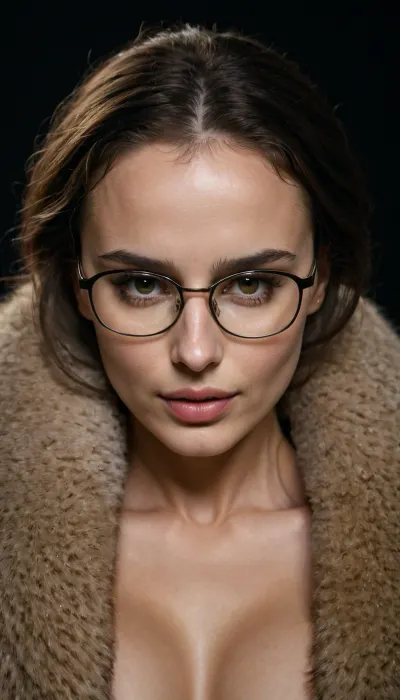L'IA a généré l'image de Heida Reed en lunettes, fourrures, petit sein, blouse, nipslip avec lumière douce et ombres était une vue à couper le souffle