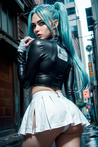 Miku Hatsune is a popular AI-generated character with high resolution, dynamic pose, dark green hair and bright eyes. She has a bright hair color and perfect eyebrows. Her breasts are big and firm, her body is perfect for racing Mik