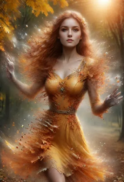 긴 생강 머리와 회색 눈을 가진 20-year-old 여성은 Fr3ckles AI-generated 그림을 가진 가을 숲의 제일 질 그림을 창조하는 그녀의 기술의 주인이었습니다. 그녀의 스타일-widow 장갑은 노란색과 빨간색이었다