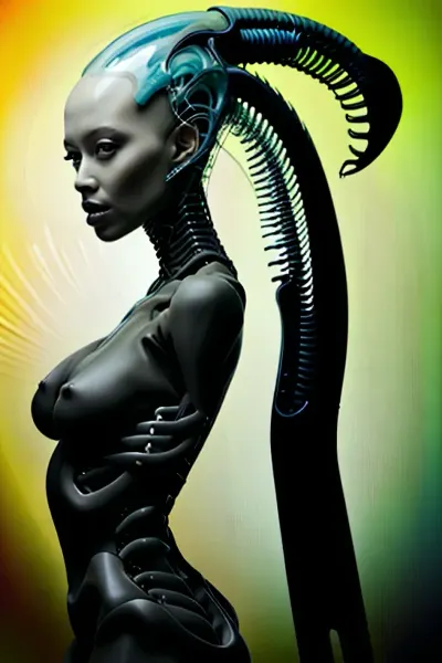 Eine Xenomorph Königin mit menschlichem Gesicht und großem Schwanz wird an die Wände gekettet und von einem Mann mit perfekter menschlicher Haut und schöner schwarzer Haut gefickt. Die Frau hat keinen Schwanz oder Haare auf ihrem Körper, aber sie hat perfekte menschliche Zähne und Augen