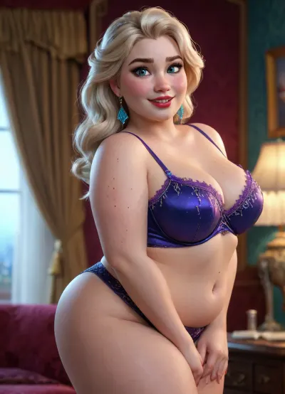 언에서 엘사, 그녀의 대형 허벅지와 큰 넓은 엉덩이, 섹시한 란제리 세트에 seductively. 그녀는 밝은 빨간 립스틱에서 그려진 두꺼운 thigh와 가슴 입술을했다. 그녀의 freckles 에 그녀의 얼굴