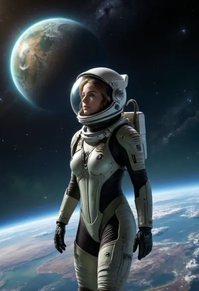 In the vast expanse of space, a lone astronaut drifts through the endless void. Her spacesuit is made of a lightweight material that allows her to move with ease. She looks out into the distance and sees a glowing orb in the distance