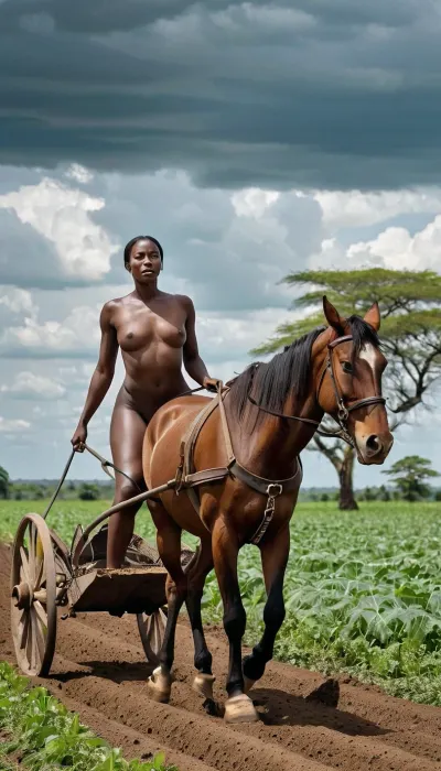 The woman in the picture is African-nigerian and she is harnessed to a brown horse, plowing a field with a brown horse. The sky is cloudy and the overall mood of the image is peaceful and serene