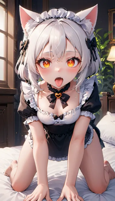 猫女站在床上,像一只真正的猫一样伸展. 她有短橙色的头发和大绿眼睛. 她的白色皮毛柔软而丝绸,尾巴是绒毛. 她穿的女佣服带着心脏..