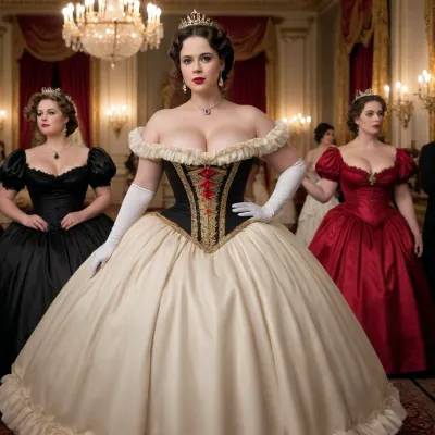 La regina era una bella donna con una figura curvy e capelli lussuosi. Indossava un vestito vittoriano costoso che accentuava le sue curve e il suo vestito frilly, rendendo il suo look ancora più lussuoso. Le sue multiple donne erano tutte vestite di abiti fritti