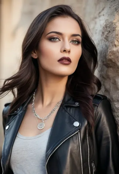 A fashion portrait with a natural lighting draped over shoulders, using ZipRealism to generate the photorealistic image