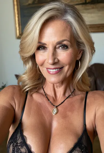 A sexy mature woman in a black nightie with a wide face and long pointy nose is the perfect picture of glamour and sex appeal