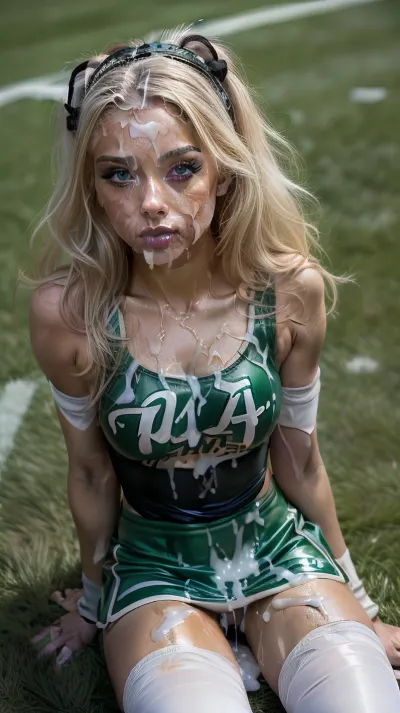 A mature woman with a bukkake porn picture as her background and wearing a 25-year-old body, wearing thigh high socks to complete the look, was standing on the grass field. She had an American Football field as her background and held