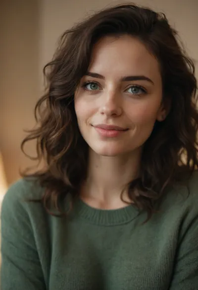 Intimate morning portrait, natural window light streaming in, tousled dark wavy hair, soft genuine smile, cozy oversized brown sweater, casual at-home vibes, blue-green eyes with mischievous glance, minimal everyday makeup, warm vanilla walls in background, lifestyle photography, candid moment, shot on Sony A7IV with 35mm f/1.4 lens, shallow depth of field, (soft morning glow:1.3), (natural skin texture:1.2), (gentle bokeh:1.2), (casual intimacy:1.4), dreamy atmosphere, film-like grain, nostalgic color grading, Instagram aesthetic, lifestyle blogger quality