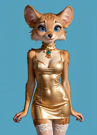 female, (((furry))), top.less, slim body, cute, slim fit turtleneck mini dress, delicate, cleavage, big eyes, attractive leggy pose, shows off body, perfect glutes, smile, seductive, slim legs, stockings HD Roberts style art, <lora:furry_and_friends_flux_v2:.5>, <lora:681678_training_data:.5>
