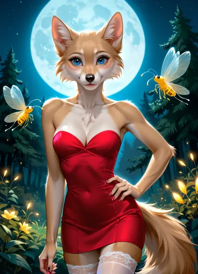 female wolf, (((furry))), top.less, slim body, cute, thin mini dress, dancing under the light of the full moon in the forest surrounded by fireflies.tender, cleavage, big eyes, showing off body, perfect glutes, smile, seductive, slim legs, stockings HD Roberts style art, <lora:furry_and_friends_flux_v2:.5>, <lora:681678_training_data:.5>