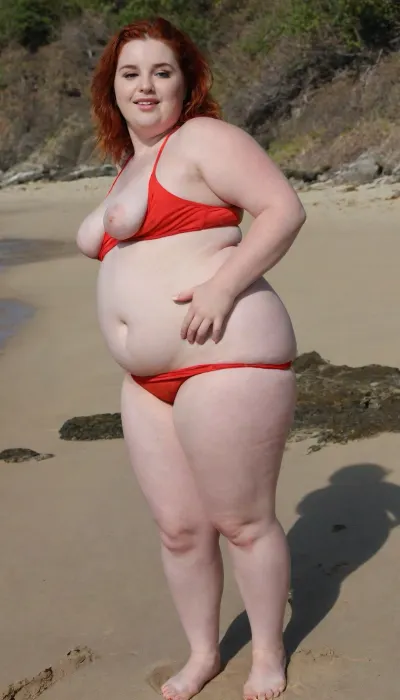 3d cartoon, Excellent image quality, good sharpness, Masterpiece, high quality, highly detailed, her, 8k, Chubby beauties in mini bikinis frolic on the beach, round asses, very small breasts, tummy saggy, wide hips, Bulging red hairy pubis, full body photoshoot, no panties, big bellybutton