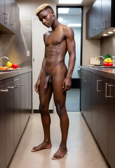 (1 slender 18-year-old caribean boy, naked small body, bright blonde highlights and undercut, 1 fully dressed chief), close stainless steel ship kitchen, boy cut onions on the kitchen counter quick with sheep knife, barefoot, deep tan, deep black body, dark black skin, very slim build, hairless body, detailed perfect skin, very small chest, narrow shoulders, very slim ass, chewing gum on the foot, cinematic, 8k, best quality, full body showing, view from side, photorealistic, <lora:xpenis-1.5e:.7>, <lora:SDXLlora4flFut-000014:.8>