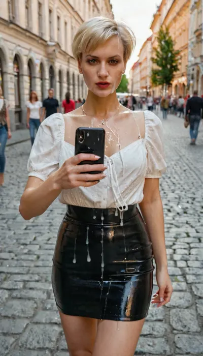 Young slavic woman walking in the city with face covered in cum, cum on face, cumwalk, making a selfie, mini skirt, high heels, short hair, blonde hair, smartphone, holding phone, selfie, woman, on, face, <lora:JustCum:1>