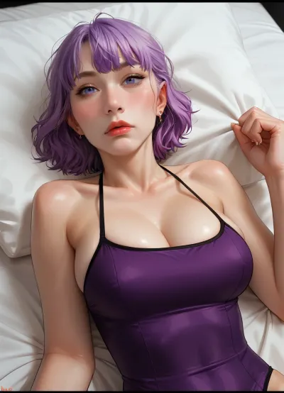 Closeup portrait photo of A beautiful voluptuous slavic woman with huge sagging boobs laying in her bed, hardly squeezing her breasts with her hands, hourglass figure, bob with bangs, wearing a tight purple swimsuit, seductive facial expression, futanari, shemale, incase, style, <lora:209970_training_data:.5>, <lora:287175_training_data:.7>