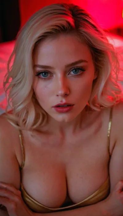 A cinematic shot, captured from a point of view above, illuminated by neon pink and blue lighting. An 18-year-old fit and attractive girl with, (pale white skin:1.2), lies seductively on a bed, her gorgeous eyes gazing directly into the camera, filled with intense sexual tension. Her dilated pupils hint at her arousal, adding to the mood of the scene. She wears a tight golden silk dress, which clings to her curves, showing off her generous cleavage. Her juicy red lips are slightly parted, enhancing her seductive allure. The neon lights play across her skin, creating an ethereal and captivating visual. Her body is relaxed yet inviting, her expression one of pure allure, making the viewer feel as though she is drawing them in completely. The shot is photorealistic, high resolution, HDR, with perfect depth of field, highlighting the details of her lips, her cleavage, and her intense gaze for a striking and provocative effect.