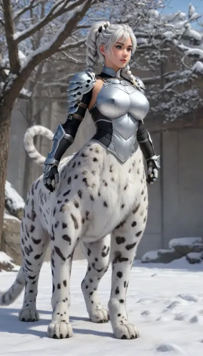photorealistic, front view, Japanese, white hair, catgirl, snow leopard, cat lower body, massive paws, multiple snow leopard tails, cattaur, full body, armour, angelic, artiangel, Ranma21, a, girl, silver, extreme, long, braid, Rapunzel, high-waist, single, braided, ponytail, black, wanapi, fur, xuer, White, tiger, centaur, female, feline, body, paws, tail, up, from, below, side, <lora:milkers_v2:.5>, <lora:Ranma21_V1-step00001500:.4>, <lora:wanapi:1.5>, <lora:绪儿 猛虎下山 xuer White tiger:.8>, <lora:267360_training_data:2>, <lora:554328_training_data:.7>, <lora:centaurs_042_merge_sdxl:.4>