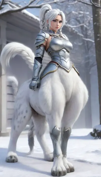 photorealistic, front view, Japanese, white hair, catgirl, snow leopard, feline legs, cat lower body, massive paws, cattaur, full body, armour, angelic, artiangel, Enigma_Kitsune, Ranma21, a, girl, silver, extreme, long, hair, braid, Rapunzel, high-waist, single, braided, ponytail, black, wanapi, fur, xuer, White, tiger, <lora:554328_training_data:.8>, <lora:EarthEnigmaKitsune_XL-v1:.3>, <lora:milkers_v2:.4>, <lora:Ranma21_V1-step00001500:.4>, <lora:wanapi:1.2>, <lora:267360_training_data:1.6>, <lora:绪儿 猛虎下山 xuer White tiger:.5>, centaur, female, white, feline, body, paws, tail, up, from, below, side, <lora:centaurs_042_merge_sdxl:.5>, gumiho, nine, tailed, fox, <lora:Mr_Fox Spirit:.9>