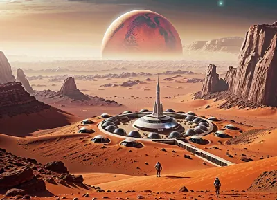 In the year 3456, on Mars, the inhabitants live in bubble cities, the president is there, inside the Martian temple, blessing the multitudes of mixed-sex pilgrims, female and transsexual and male, from the depths of mars, view from afar, <lora:SDXLHighDetail_v5:.5>, <lora:add-detail-xl:.5>