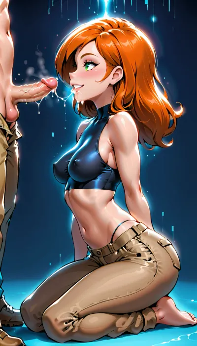 Kim possible, athletic build, tan cargo pants, tight black crop top shirt, seductive look, average breasts, smiling, cum dripping from mouth, kneeling, erect penis. Side profile, cartoon drawn, 2D.