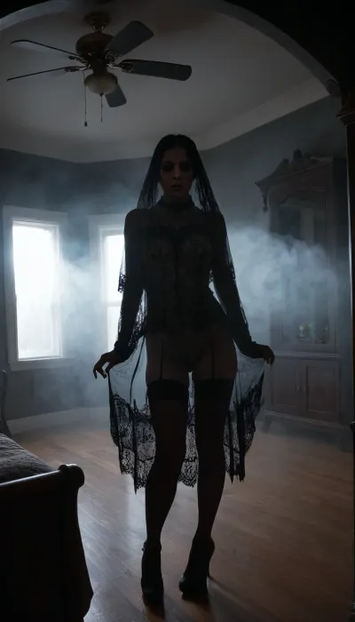 In the eerie realms of realism, a chilling ghost materializes as a host of horrors. It's spectral presence is hauntingly captured in the medium of digital painting. The mistic scene is shrouded in darkness, intensifying the the sense of dread. Horror fog, Victorian apartments background, sexy body Silhouette, The highly detailed artwork, reminiscent of the works of Lois Van Baarle and Ross Tran, transport's the viewer into a realm of supernatural terror, clothes